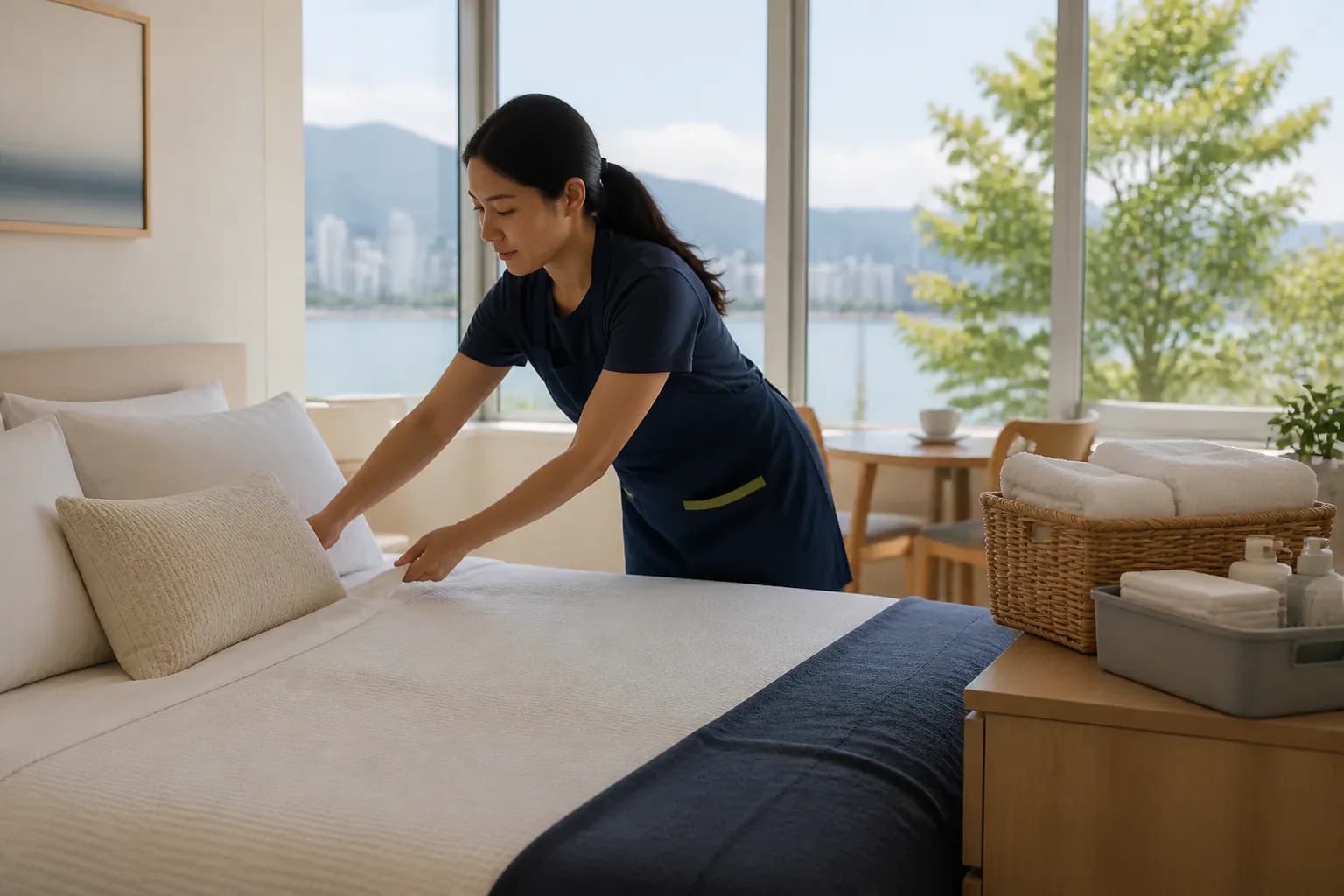 Professional cleaner preparing a guest-ready short-term rental