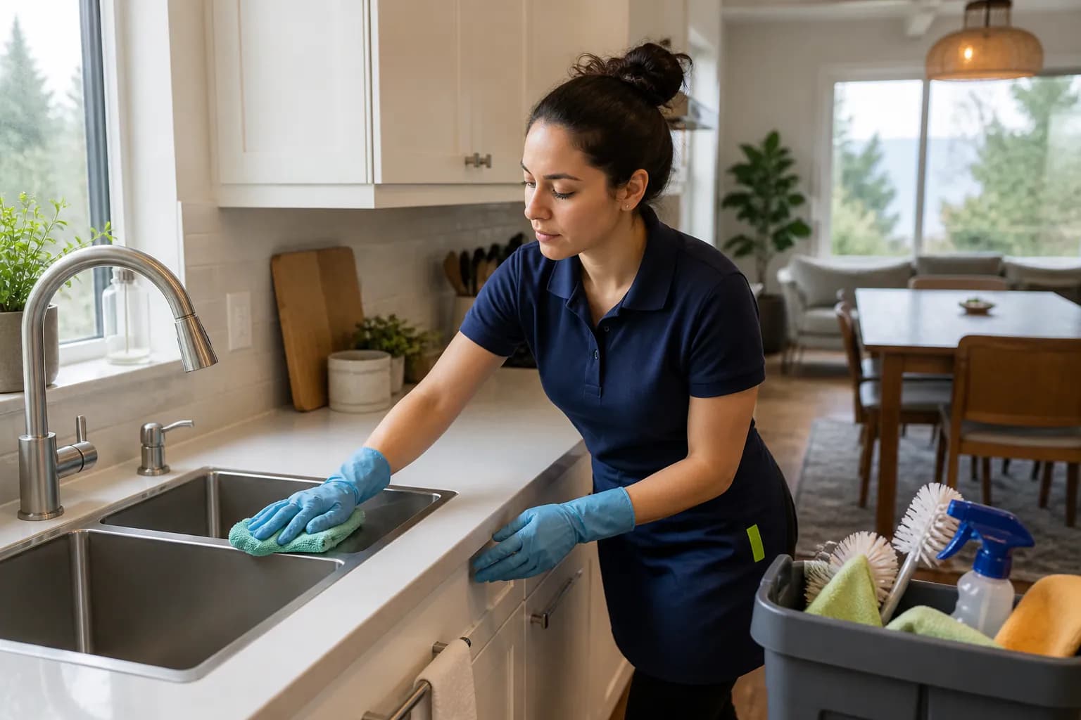 Professional cleaning detail work in a bright residential kitchen