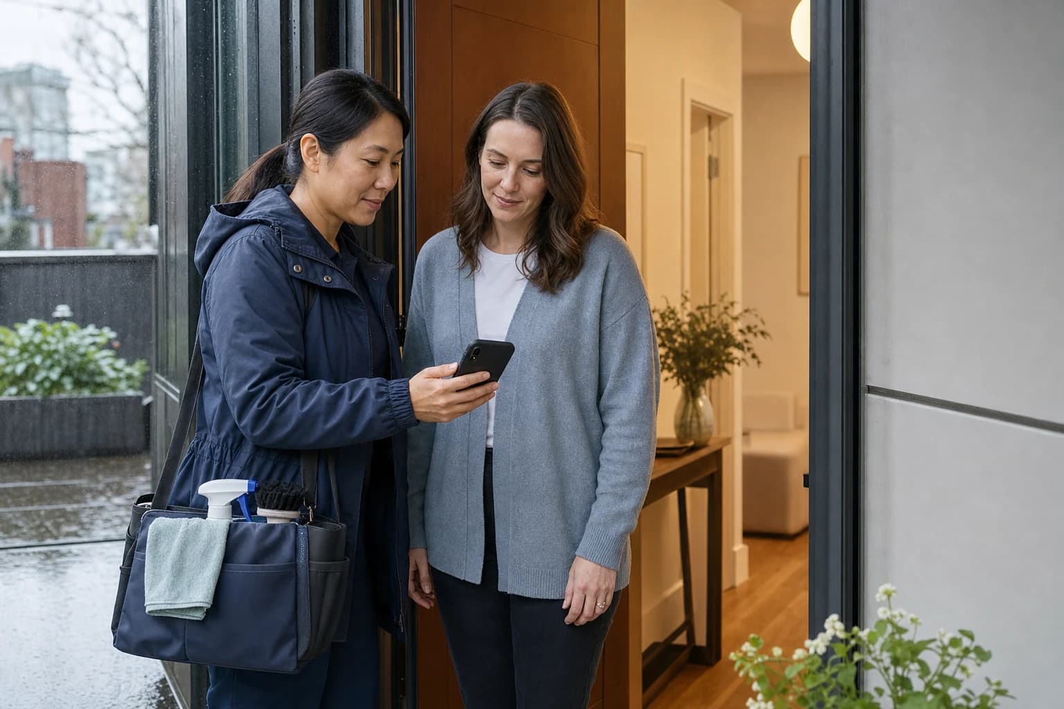 A cleaning professional prepared for a recurring home cleaning visit