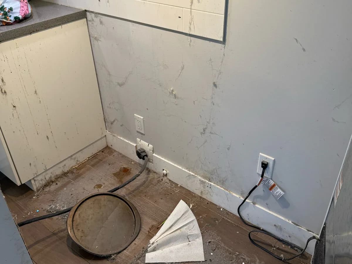 dust, debris and marks behind a moved kitchen appliance before NearMe deep cleaning services in Burnaby