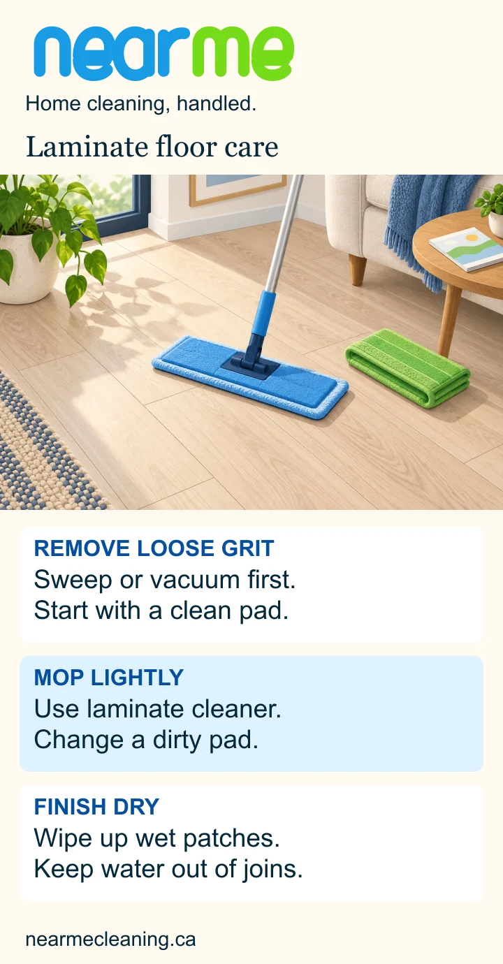 Illustrated laminate floor and flat mop with three steps: remove grit, mop lightly with laminate cleaner and wipe up remaining moisture.