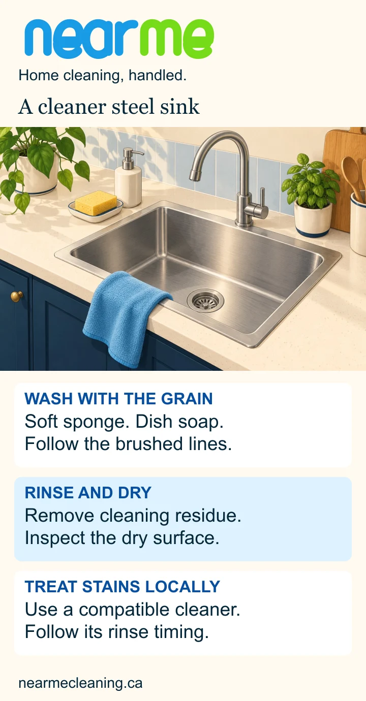 Illustrated steel sink with a three-step routine: wash along the grain, rinse and dry, then treat remaining stains with a compatible cleaner.