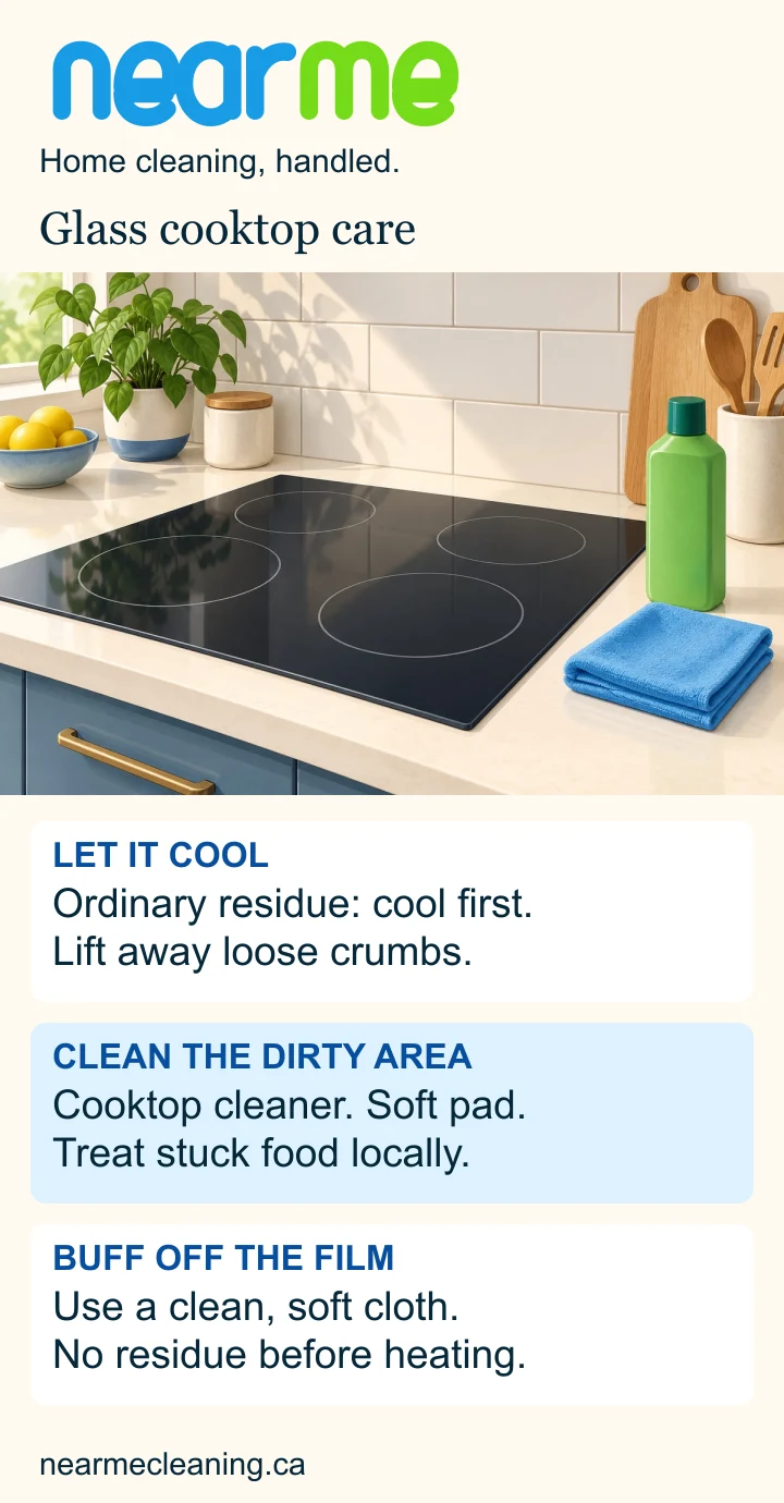 Illustrated glass cooktop with an ordinary-cleaning sequence: cool and remove crumbs, use cooktop cleaner and a compatible pad, then buff away the film.