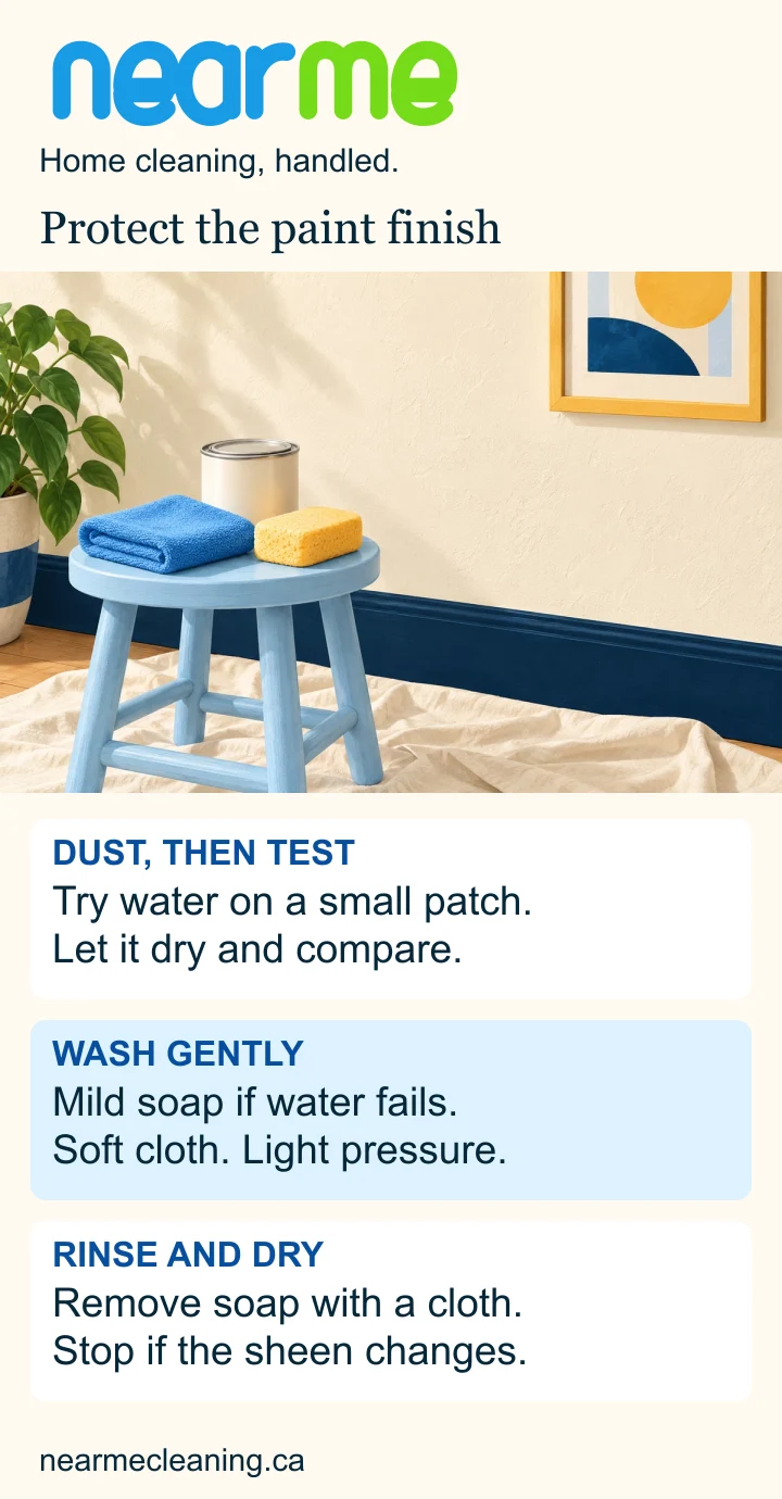 Illustrated painted wall with practical steps: dust and test water, use mild soap if needed, then rinse and dry without changing the paint sheen.