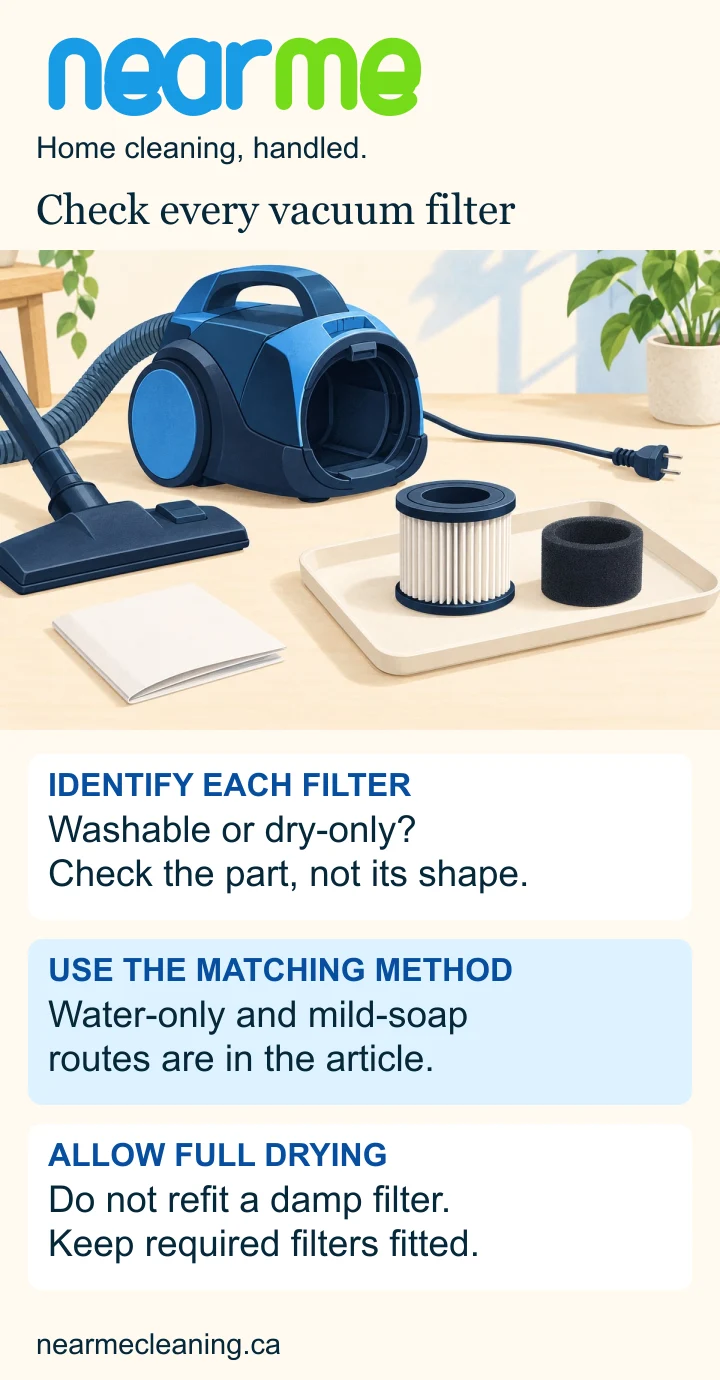 Illustrated vacuum and filters with steps to identify each part, use its water-only, mild-soap or dry-only method, and refit only when ready.